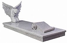 hand carved granite angel with open wings and traditional scroll